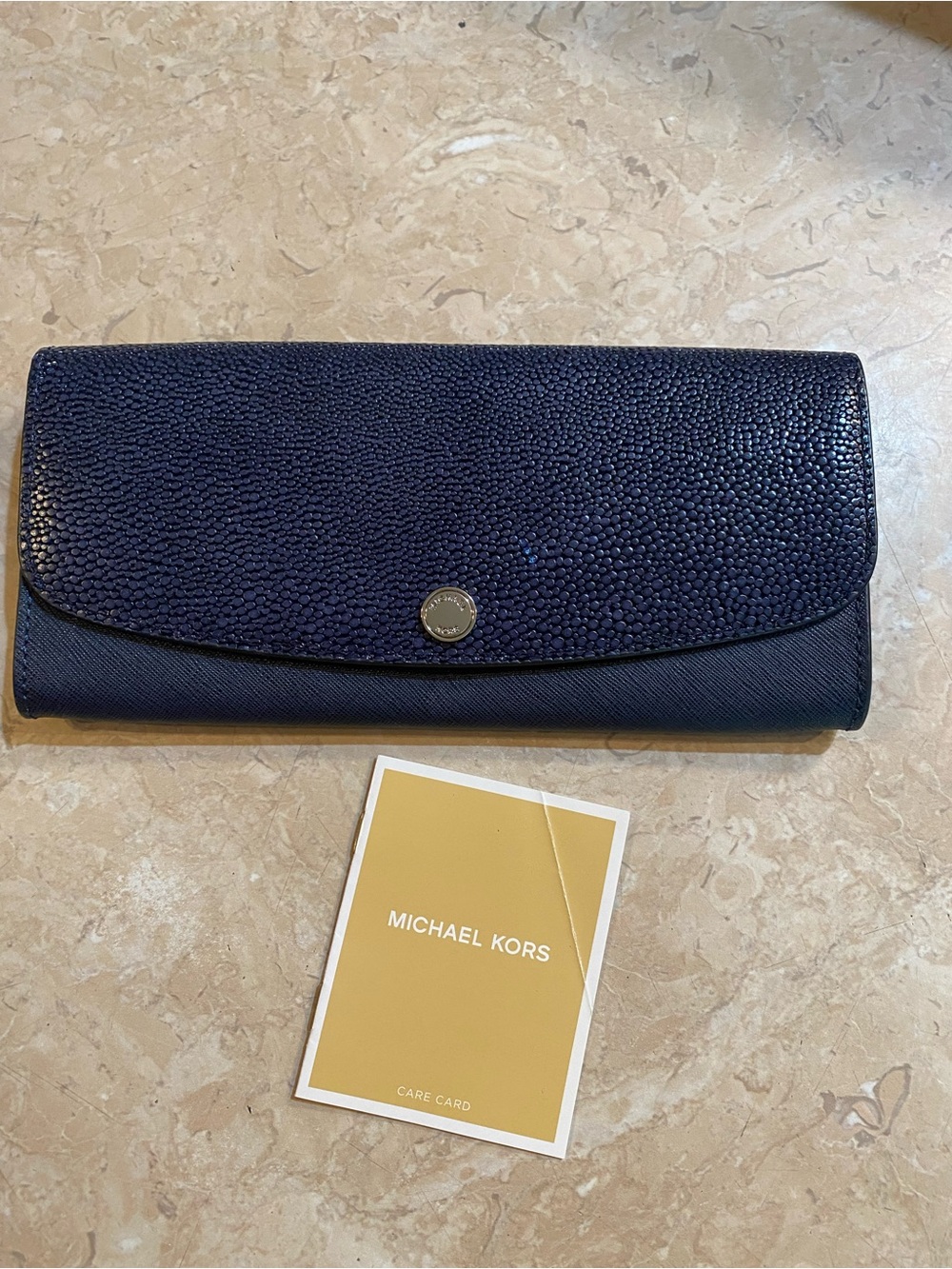 Michael Kors Navy Pebbled and Saffiano Fold-Over Wallet